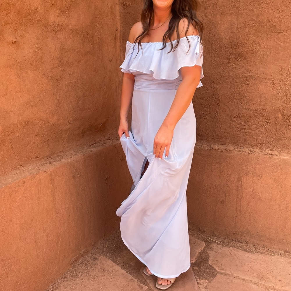 Light blue bridesmaids dress - off shoulder - ever pretty